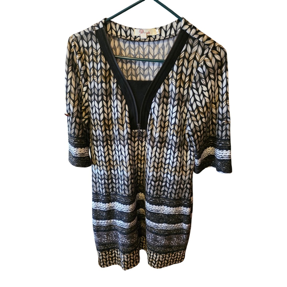 Aryeh‎ Womens Geometric Artsy Print Midi Dress Short Sleeve Zip Neck Black Tan L